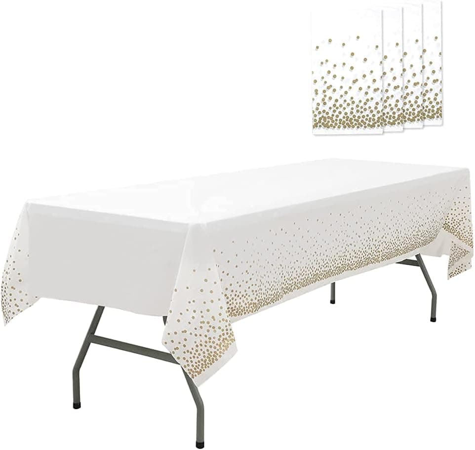 TomteNisse 4 Pack White and Gold Rectangle Tablecloth for Tables,Disposable Plastic Gold Dot Confetti Table Covers Waterproof, for Party Thanksgiving,Christmas,Indoor or Outdoor,54 X 108 Inch