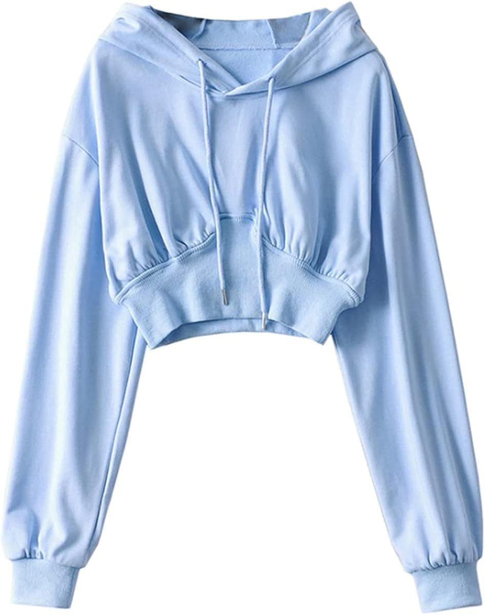 Oiefeen Women's Long Sleeve Sweatshirt Waist Drawstring Short Top High Waist Hoodie (blue, L) …
