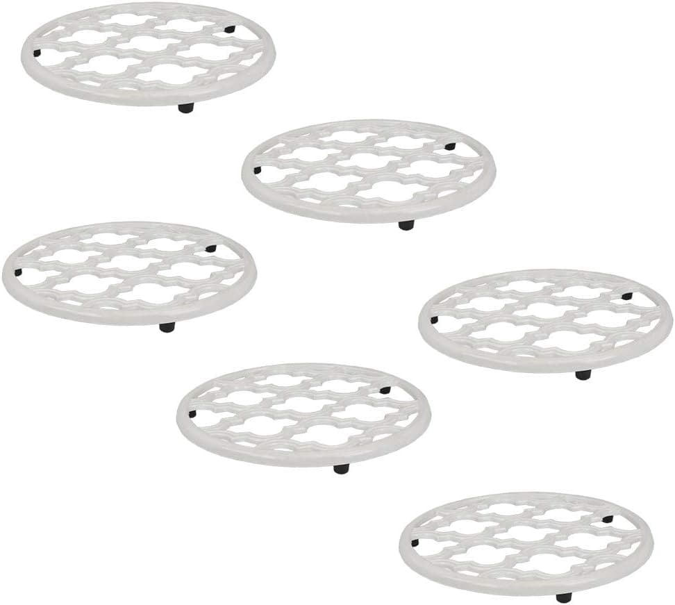 Home Basics Lattice Collection Cast Iron Trivet for Serving Hot Dish, Pot, Pans & Teapot on Kitchen Countertop or Dinning, Table-Heat Resistant (6, White)
