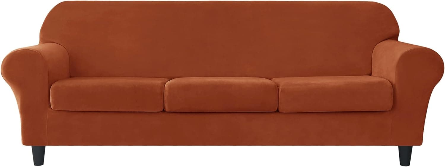 CONRUSER Stretch Sofa Slipcover, Soft Velvet Sofa Covers for 3 Cushion Couch Thick Furniture Protector for Pets & Kids (Red-Brown, L)
