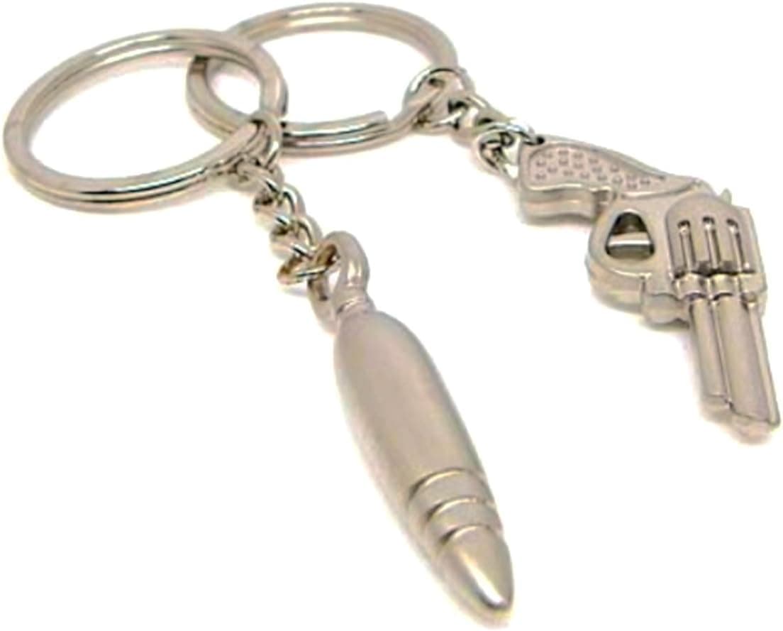 TOPFAST 2 pcs Stainless Alloy Metal Silver Bullet & Gun Couple Keychains Gift Box Weapon Sweetheart Pendant Lovers Key Ring Key Chain