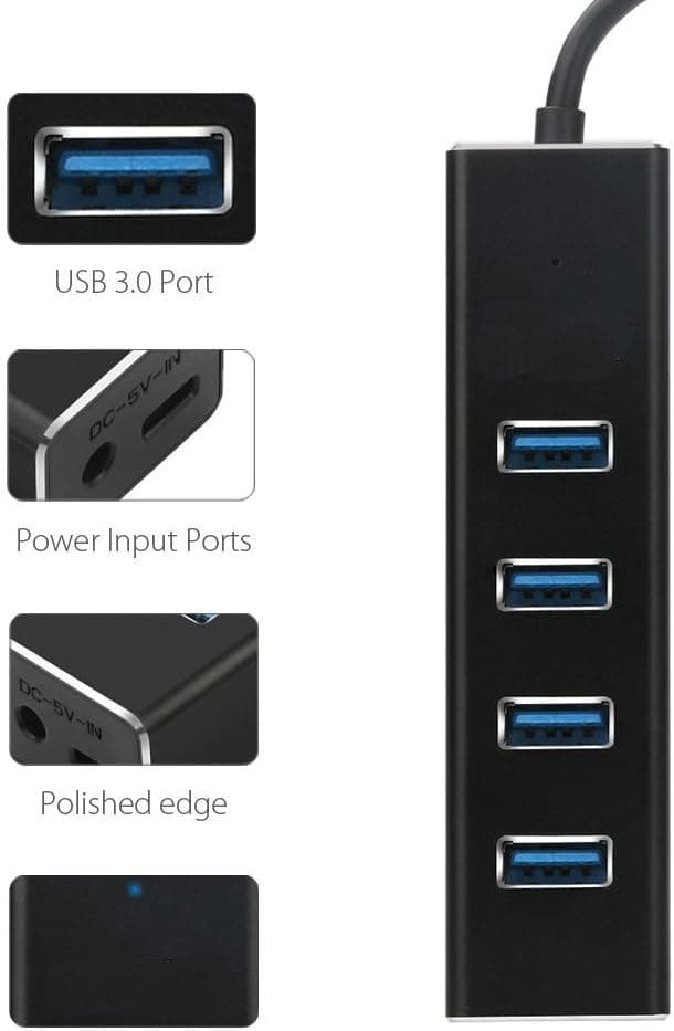 Foxnovo USB 3.0 4-Port Aluminum Hub, Portable Aluminum Data Hub High Speed Data Expansion for PC Laptop (Black)