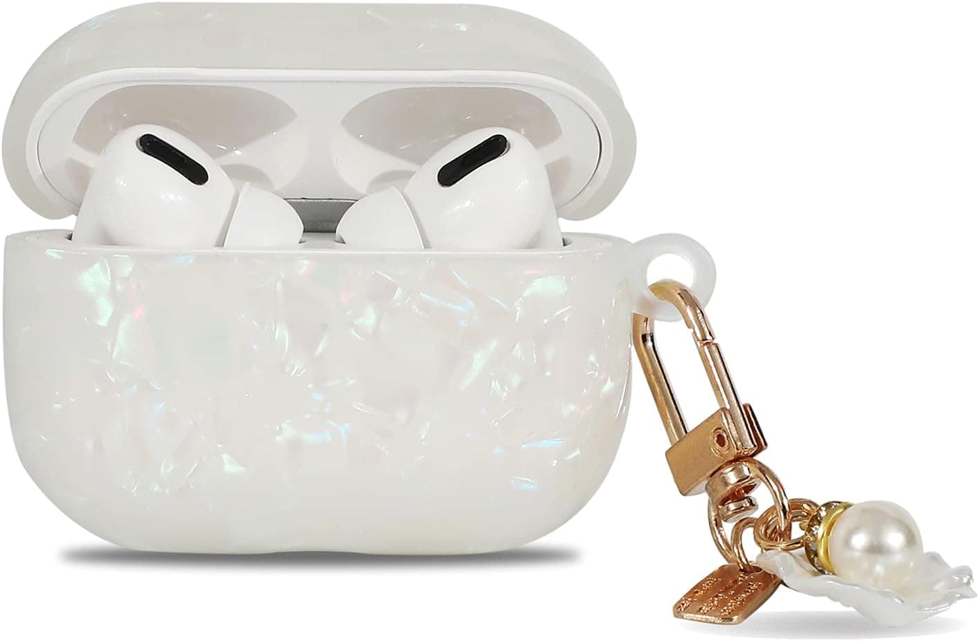 Manleno Compatible with Airpods Pro Case with Keychain Cute Shell Pearl Design Women Girls Soft Protective Case Cover Glitter Bling Airpods Case Replacement for Apple Airpods Pro 1 2019 (Iridescent)