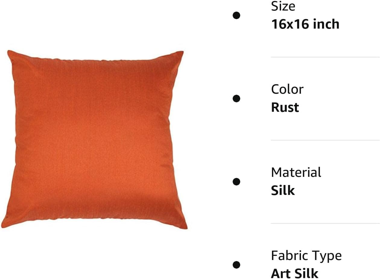 The White Petals Set of 2 Rust Art Silk Pillow Covers, Plain Silk Cushion Cover, Solid Color Rust Throw Pillow, (16x16 inches, Rust)
