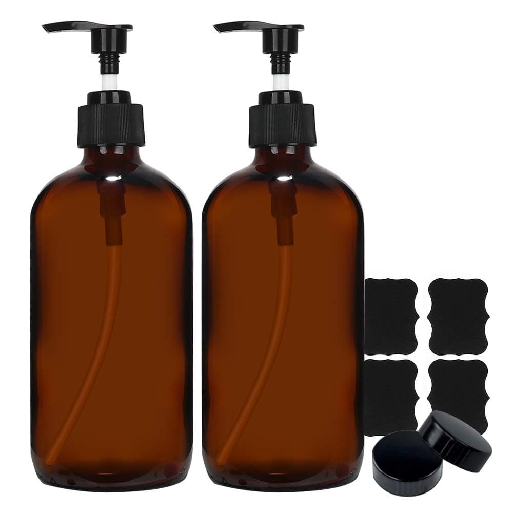 2 Pack 16 oz Amber Glass Boston Bottles with Pumps,Refillable Glass Pump Bottles for Essential Oils, Bath, Shampoo, Lotion & Cleaning Products.Include 2 Durable Caps & 4 Chalk Labels.