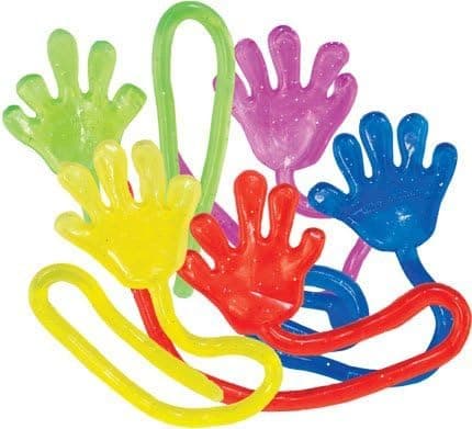 72 Novelty Vinyl Sticky Hands For Kids, Assorted Colors - Glittery Fun Color Designs - 7 Inches Long