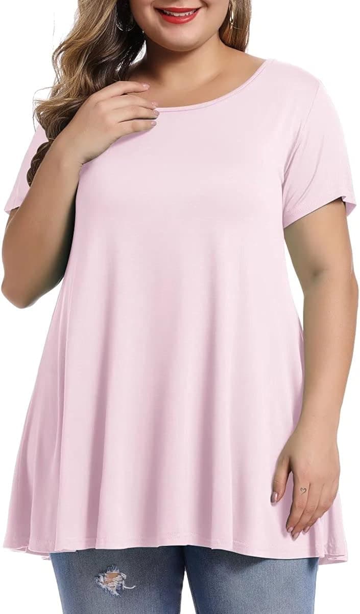 MONNURO Womens Short Sleeve Casual Loose Fit Flare Swing Tunic Tops Basic T-Shirt Plus Size