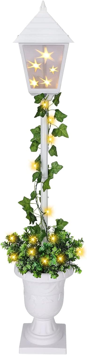GREATDAY 3.5-feet Home Decorated Pre-Lit Lamp Post with Artificial Plants and 20 LED Lights with Timer by Batteries Operated for Front Door,Entryway, Patio Porch Home Decorations,Garden Use