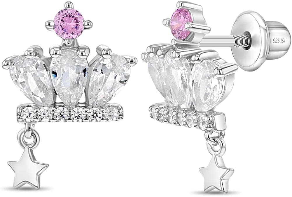 925 Sterling Silver White-Pink Cubic Zirconia Princess Crown Earrings Set With Screw Back Locking for Young girls and Pre Teens Royal and Party Attires