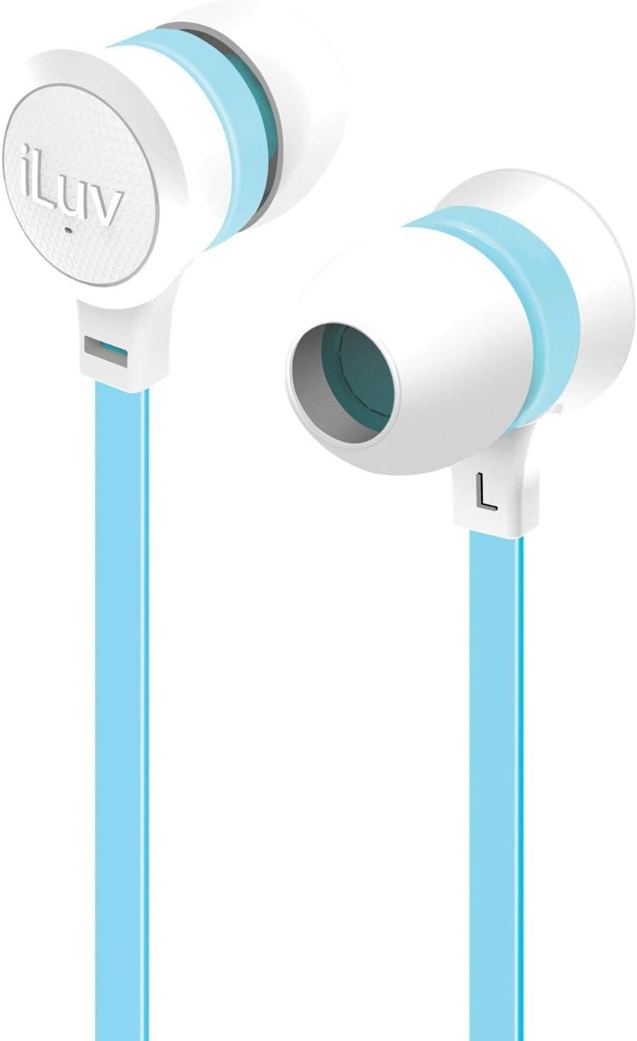 iLuv In-Ear High Performance Stereo Earphones with Mic for Hands Free Call, Volume Control Remote, Tangle-Resistant Flat Cable, Noise Isolation, Durable Design, and 3 Size Ear Tips(White Blue Neon)