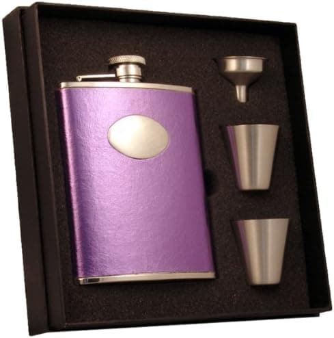 Visol"Violet" Leather Deluxe Flask Gift Set, 6-Ounce, Satin Purple