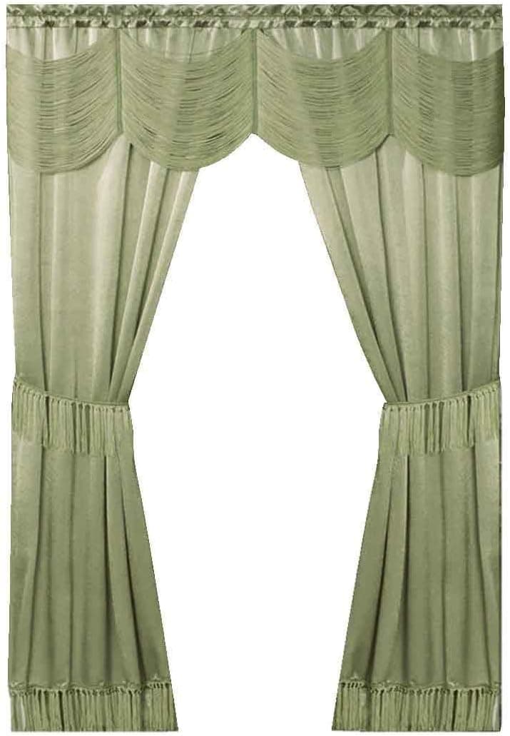 Peach Couture Home Collection Satin 6 Piece Window Curtain Set in a Bag with Window Panels Valance Voile Panels Tasseled Tie Backs Sage 56 in x 84 in