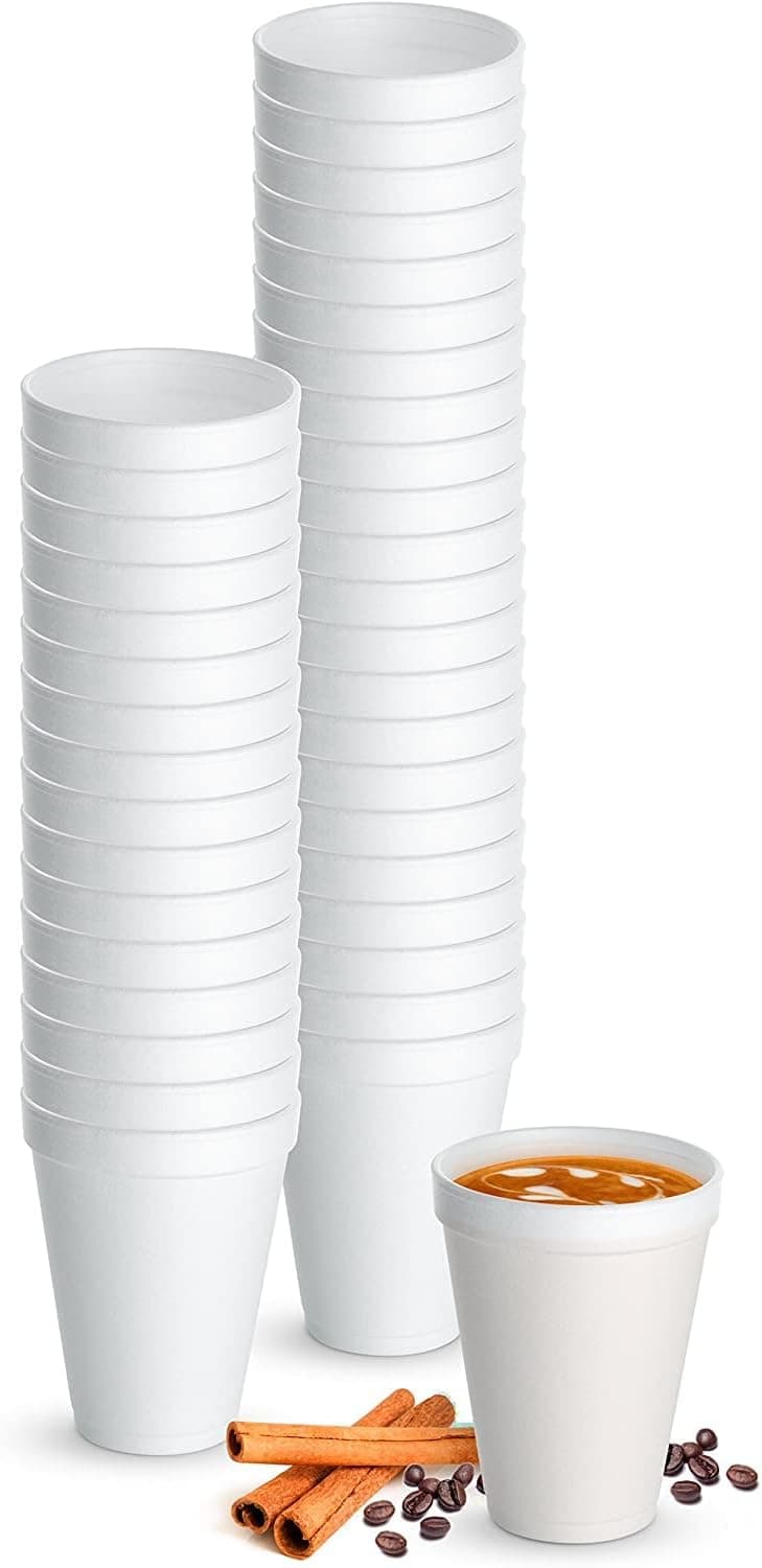 12 Oz. Disposable Hot Cups - White Styrofoam Drinking Teacup - (Pack of 50) Foam Cups for Hot & Cold Beverages – Ideal Size for Coffee, Tea or Hot Cocoa