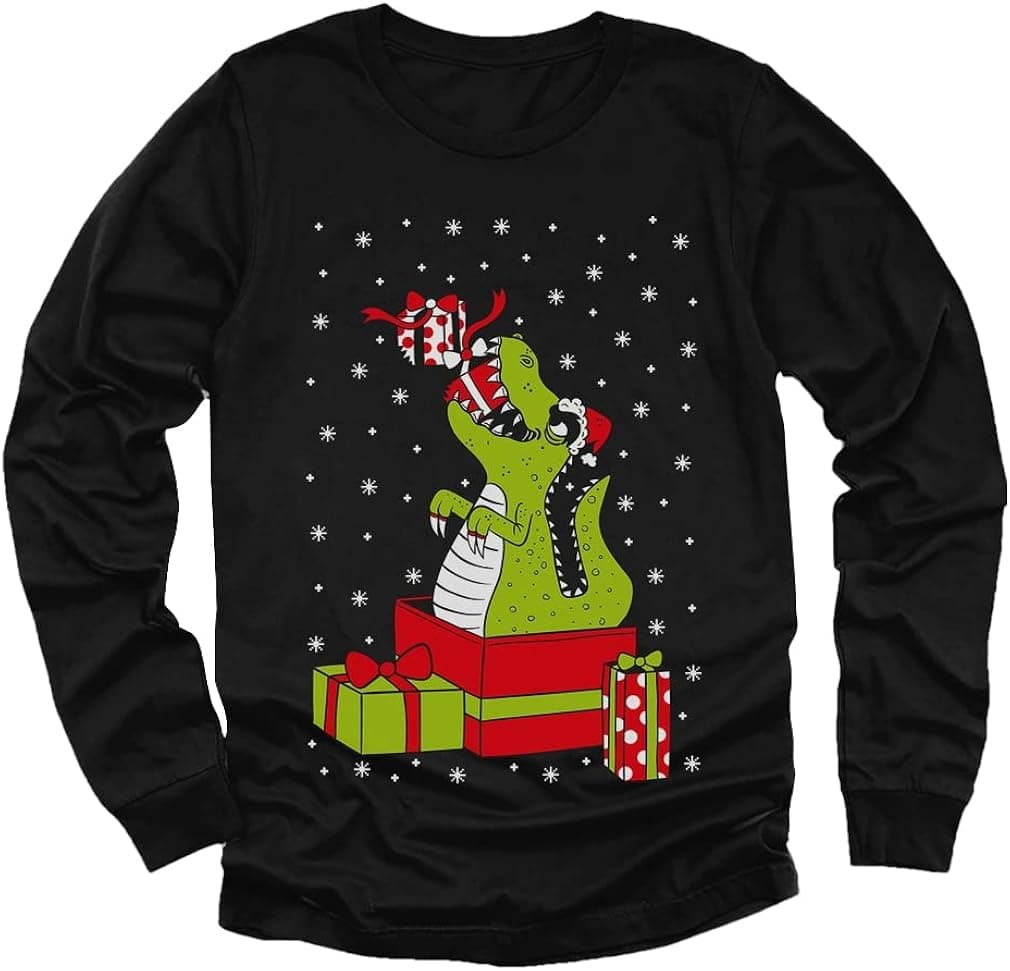 T-rex Dinosaur Santa Long Sleeve Shirt Toddler Kids Ugly Christmas Sweater Style