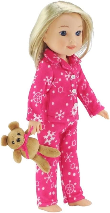 Emily Rose 14 Inch Doll Clothes & Accessories | 14" Doll 3 PC Snowflake PJ Pajama Pajamas Gift Set with Teddy Bear Accessory!! | Gift Boxed! | Compatible with 14" American Girl Wellie Wishers Dolls