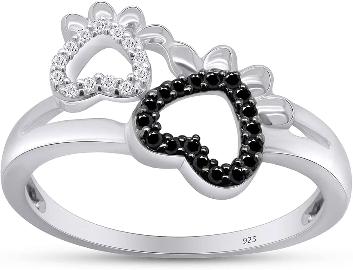 AFFY Round Cut White & Black Diamond Paw Print Promise Ring In 14K Gold Over Sterling Silver (0.10 cttw)