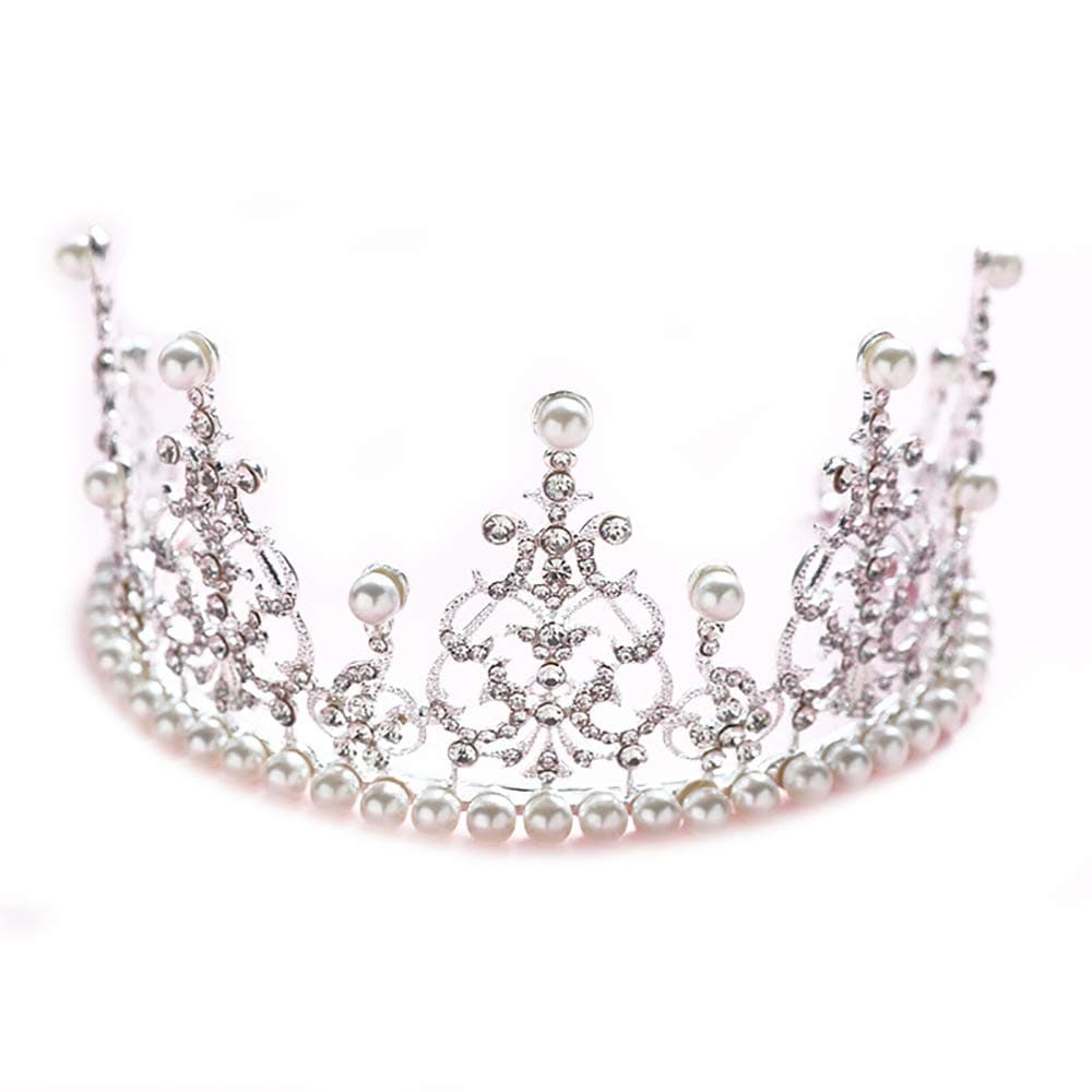 Deniferymakeup Pearl Crown Cake Decoration Baking Decorations Birthday Crown Wedding Tiara (Silver)
