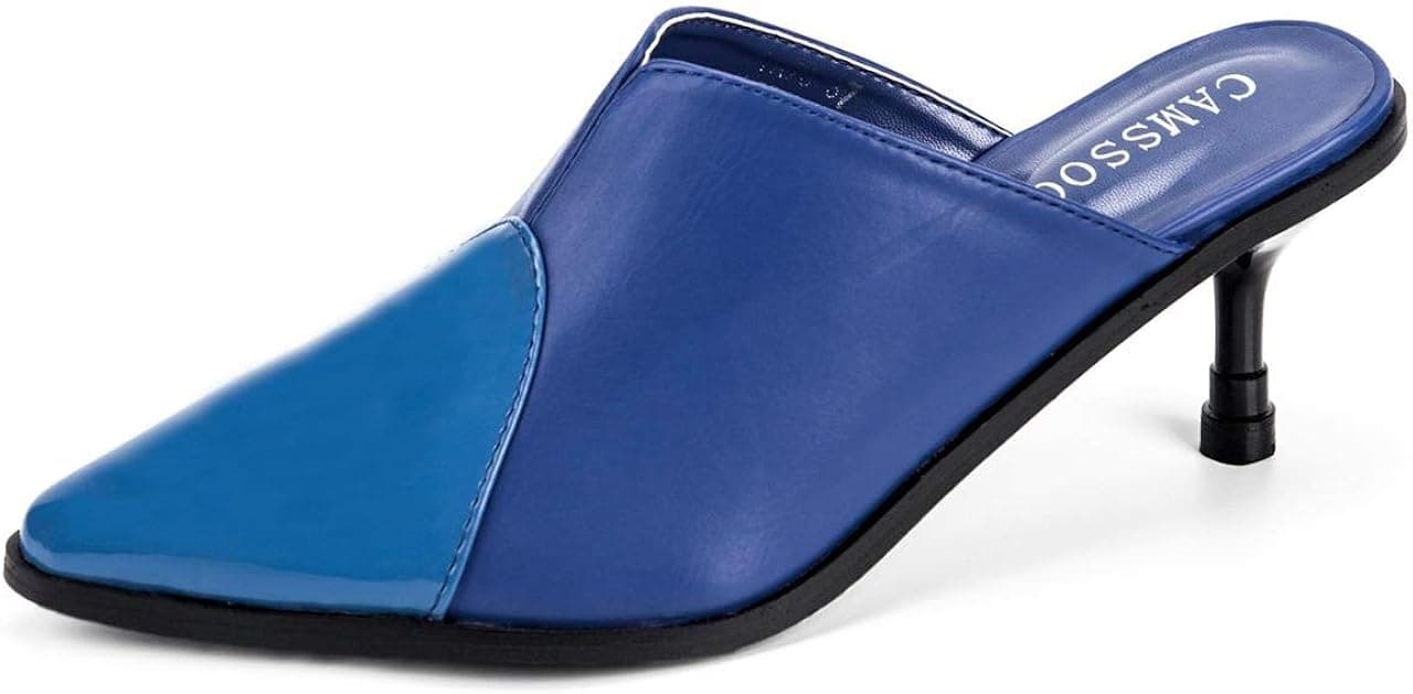 CAMSSOO Women's Heels Mules Shoes Closed Pointed Toe Slip On Dress Open Back Kitten Heel Slides Pumps Blue Patent Leather Size US7.5 CN38
