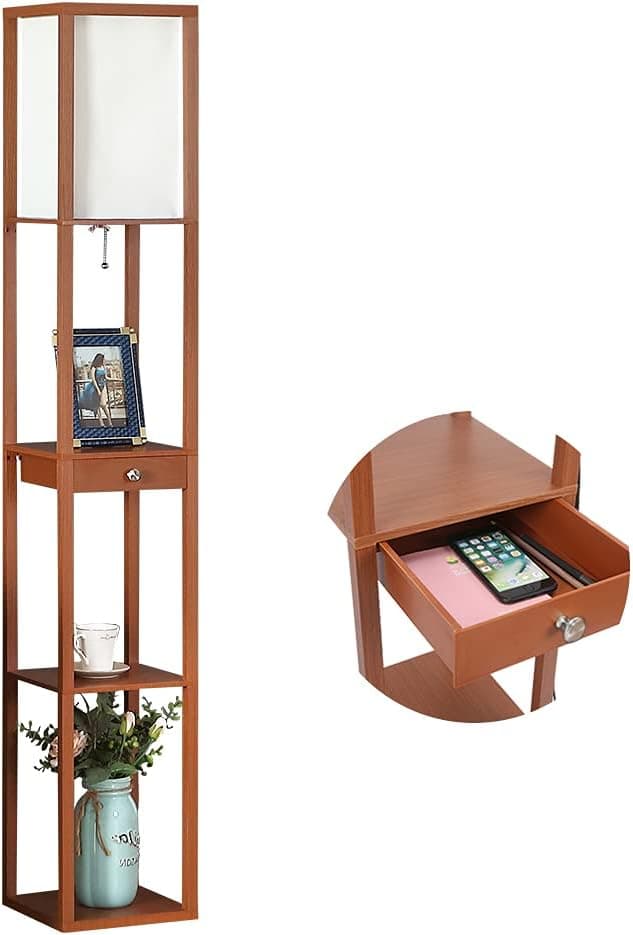 Newfinder Floor Lamp with Shelves and Drawer, Modern Standing Lamp with 3 Tier Storage Shelves for Bedroom Office Living Room 63" Tall Square (Brown with Drawer)