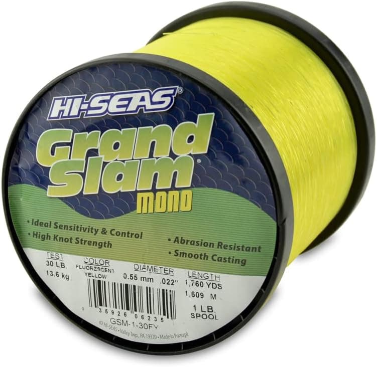 HI-SEAS Grand Slam Monofilament Fishing Line - Strong & Abrasion Resistant in Clear, Pink, Green, Smoke Blue, Fluorescent Yellow Freshwater & Saltwater - 1 lb Spool