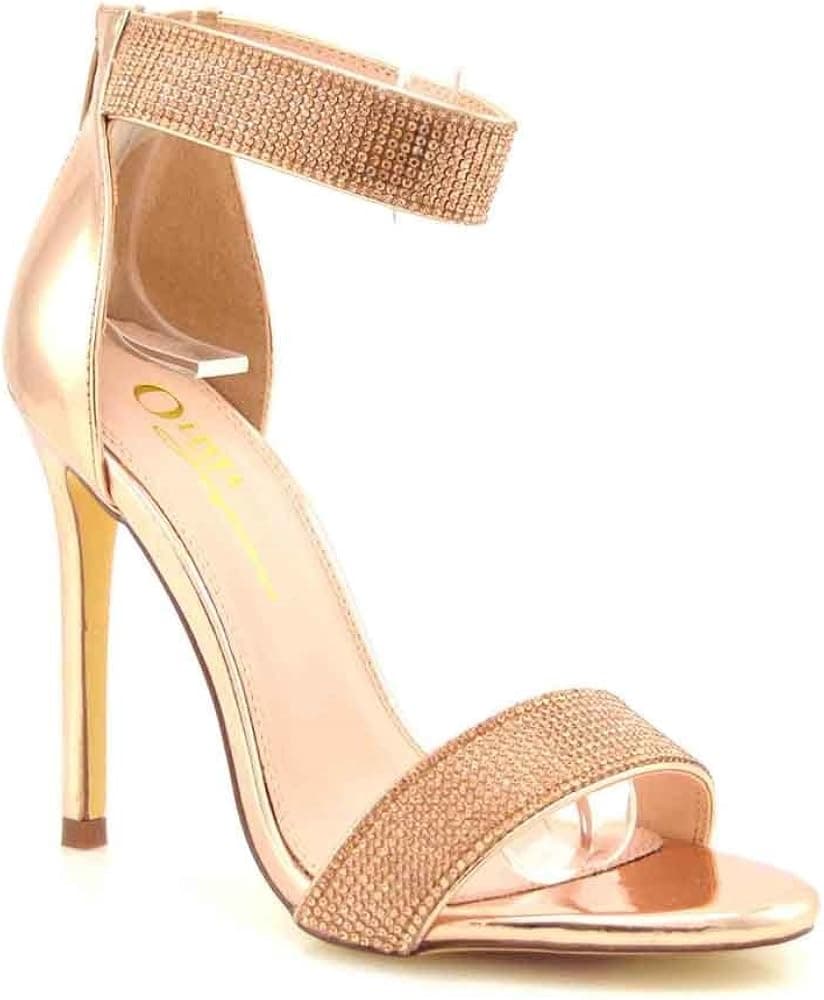 Olivia Jaymes Women's Dress Sandal | Round Toe | Rhinestone Covered Ankle Strap | Stiletto Glitter Heel Sandals