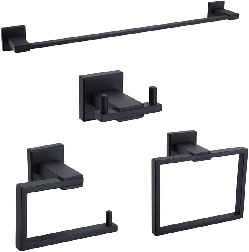 TNOMS Stainless Steel Bathroom Hardware Set Black 4 Pieces Bathroom Hardware Accessories Set Wall Mounted Towel Bar Towel Holder Robe Hook Toilet Paper Holder, Matte Black,GZQ6-D4 SETBK