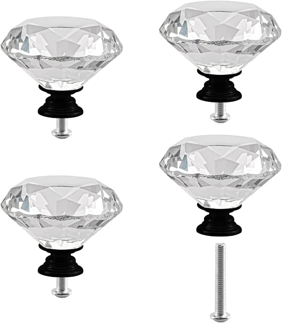 Crystal Cabinet Knobs 4Pack Clear Glass Diamond Shape Drawer Knobs 50mm Diamond Dresser Pulls Door Knobs Cabinet Pulls Cupboard Wardrobe Handles for Kitchen Office Cupboard Drawers (Black, 4 PCS)