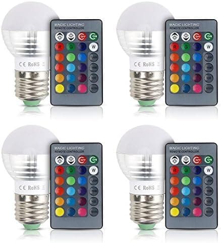 [Pack of 4] Derlights E27/E26 3W Dimmable 16 Colors Changing RGB LED Light Bulb with IR Remote Control for Home Decoration, Bar, Party, KTV Mood Ambiance Lighting