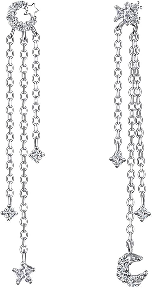 SLUYNZ 925 Sterling Silver Star Moon Dangle Earrings for Women Teen Girls Star Tassel Earrings Chain