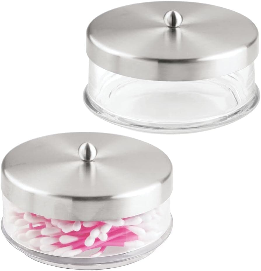 mDesign Small Round Bathroom Vanity Countertop Storage Canister Glass Jar with Metal Lid for Cotton Swabs, Rounds, Balls, Makeup Sponges, Blenders, Bath Salts - 2 Pack, Clear/Brushed Lid