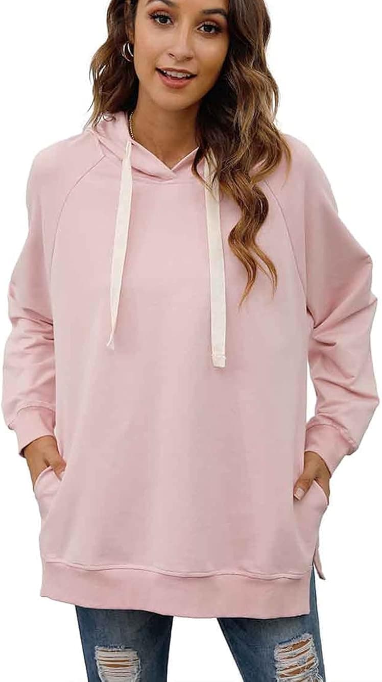 Famulily Womens Drawstring Hood Tops Causal Side Split Sweatshirts Long Sleeves Hooded Neck Pullovers with Pockets