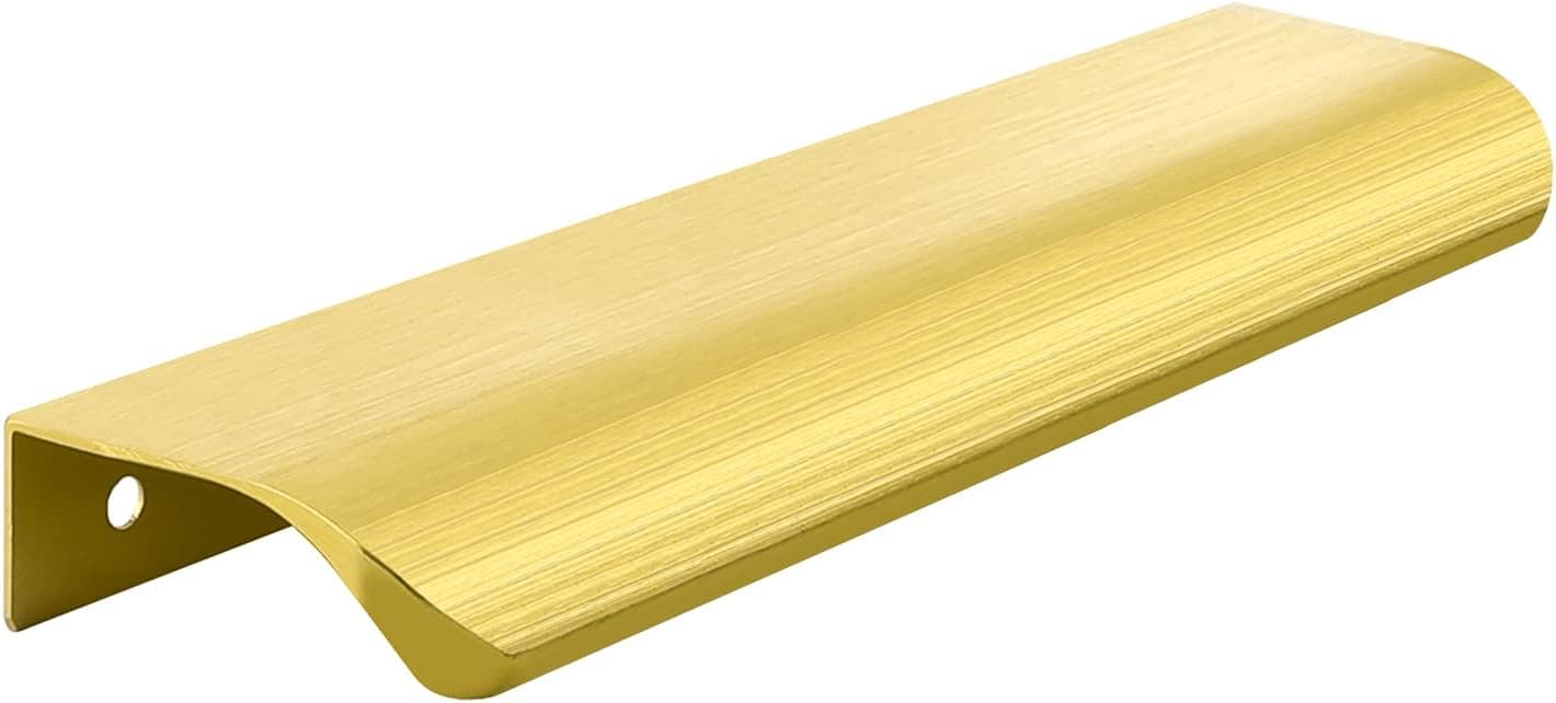10 Pack goldenwarm Modern Style Finger Pulls 5 inch Gold Handles for Cabinets Dresser Pulls Finger Edge Tab Drawer Pulls Gold Kitchen Cabinet Handles Brushed Brass Dresser Hardware, 128mm Hole Centers