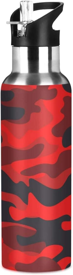 One Bear Fashion Red Black Camo Water Bottle Acuum Insulated Stainless Steel Leakproof Wide Mouth Kettle with Straw Lid for Fitness Gym Outdoor Sports