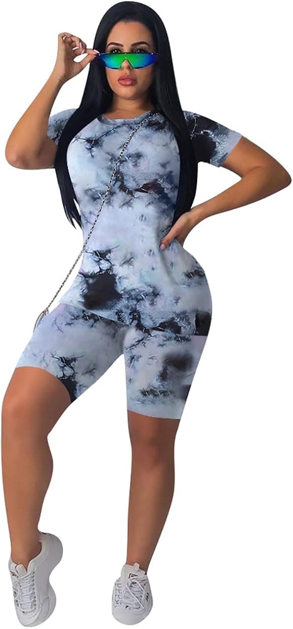 Fastkoala Women's 2 Pieces Outfits Clubwear Colorful Tie Dye Hooded Crop Top Shorts Joggers Tracksuit Sportswear Set