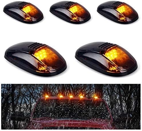 5pcs Cab Roof Marker Lights, Roof Top Lamp Running Light Replacement for 1999-2002 Dodge Ram 1500 2500 3500 4500, and other Truck ,SUV (Black Smoked Lens With Amber LED)