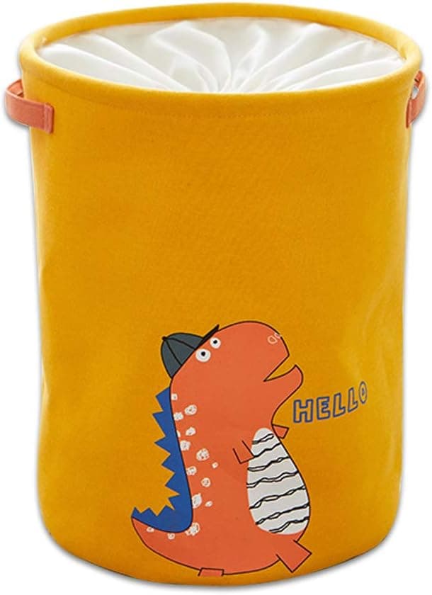 UrSIM Waterproof Laundry Basket - Collapsible Dinosaur Laundry Hamper with Drawstring Closure – Round Cotton Clothes Hamper for Bedroom & Bathroom (Yellow)
