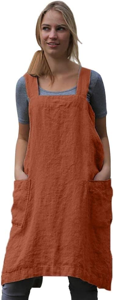 Women's Pinafore Square Apron Baking Cooking Gardening Works Cross Back Cotton/Linen Blend Dress with 2 Pockets Orange-L