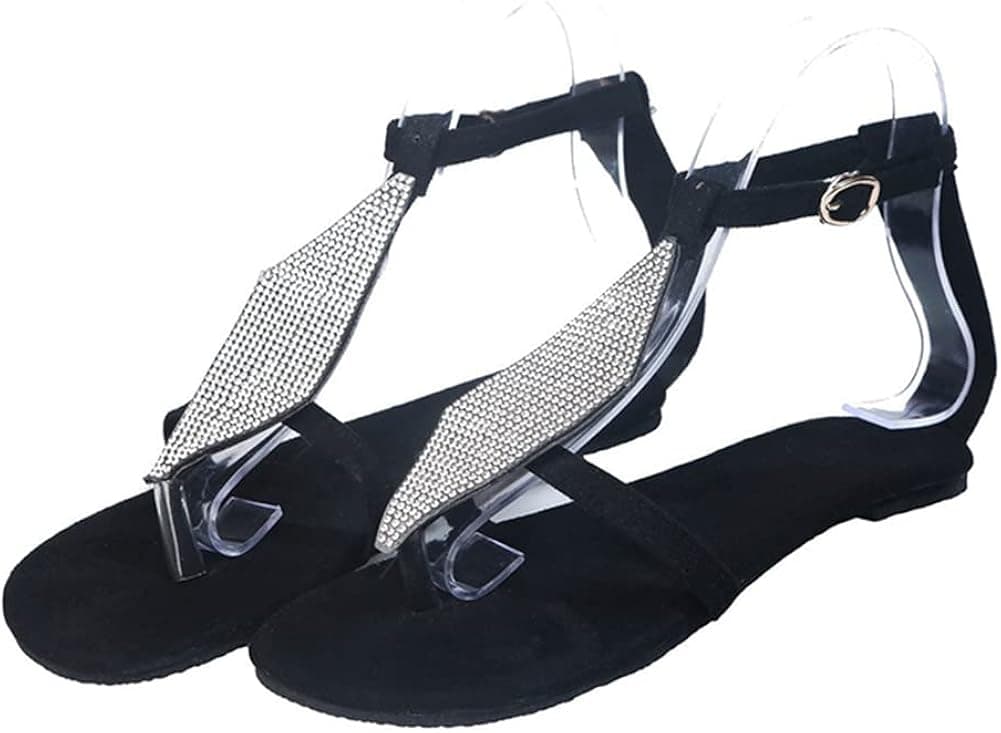 ICEGIA Women's Flat Sandals Summer Beach Sandal T-Strap Rhinestone Beaded Bohemia Shoes