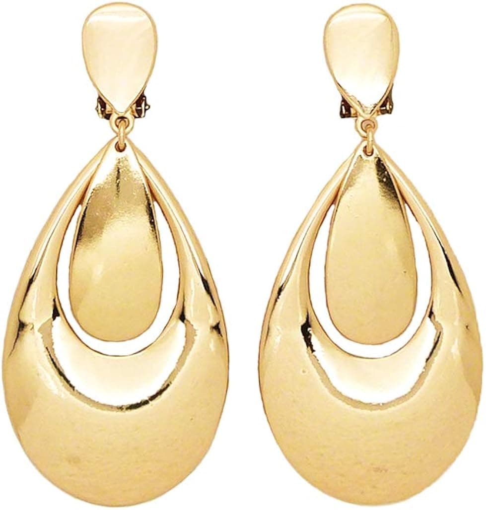 Women Oversize Geometric, Tear Drop, Hammered Statement Metal Clip on Earring Many Styles