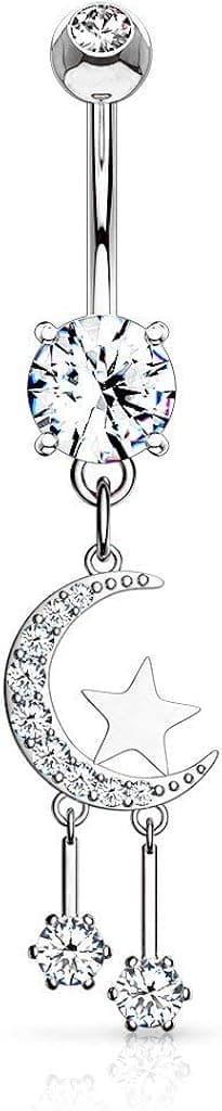 Forbidden Body Jewelry dangly belly button piercing, belly button rings moon and sun, dangly belly button jewelry, CZ Cresent moon and star cute belly button piercings.