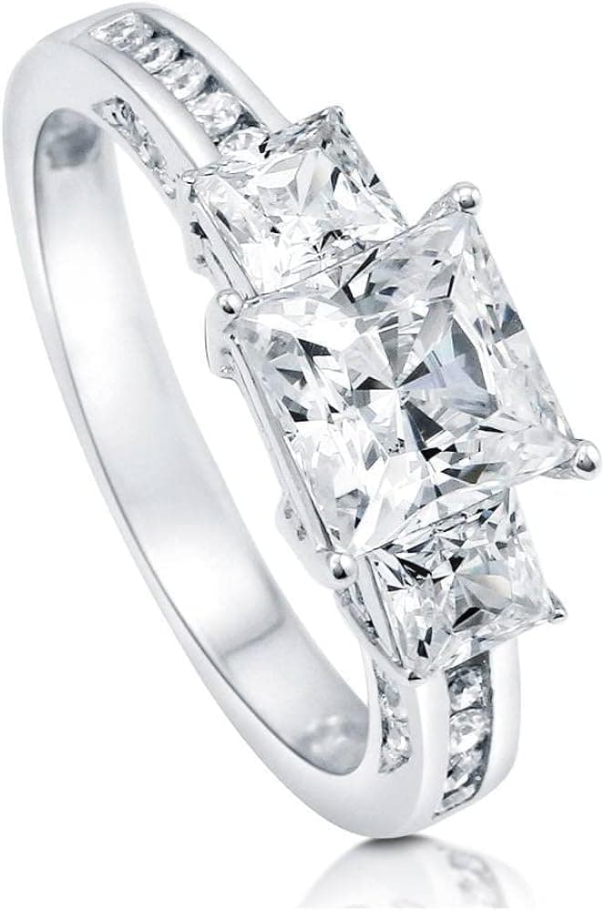 BERRICLE Sterling Silver 3-Stone Wedding Engagement Rings Princess Cut Cubic Zirconia CZ Anniversary Promise Ring for Women, Rhodium Plated Size 4-10
