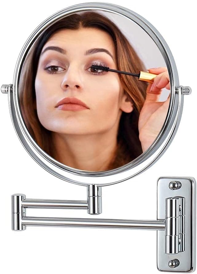 mumianshu Makeup Mirror Wall Mounted, 1x/ 10x Magnifying Makeup Mirror, 8" Double Sided Make up Mirror with 360 Degree Swivel Extendable Arm, Home Bathroom Shaving Vanity Mirror (Chrome)