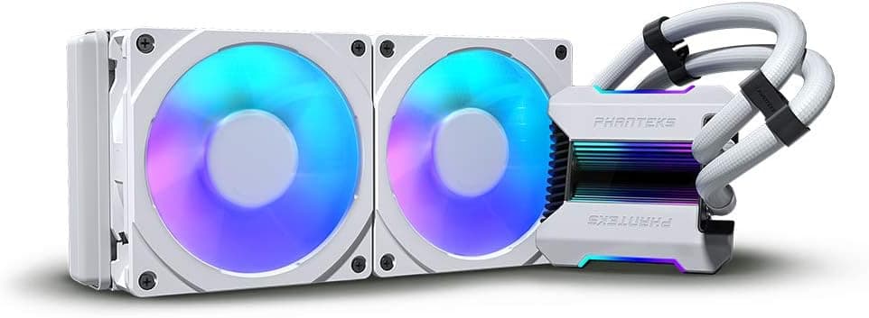 Phanteks (P-GO240MPH_DWT01) Glacier One 240MPH D-RGB AIO Liquid CPU Cooler, Infinity Mirror Pump Cap Design, 2X Silent 120mm MP PWM Fans, 2X D-RGB Halos Fan Frames, White