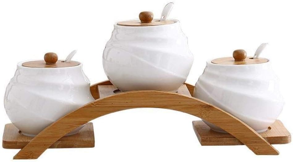 Porcelain Condiment Jar Spice Container, Ceramics Seasoning Box Set Durable 3pcs/Set White Creative Design Condiment Pots with Lid and Spoon for Kitchen Restaurant Housewarming Gift