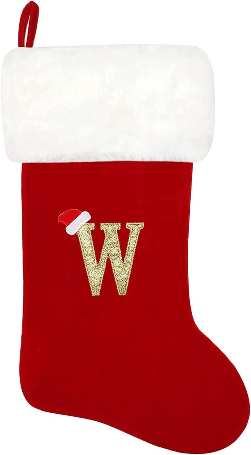20 Inches Monogram Christmas Stockings with Red Letters, Super Soft Plush Christmas Stockings Large Embroidered Stockings for Christmas Holiday Xmas Gift (W)