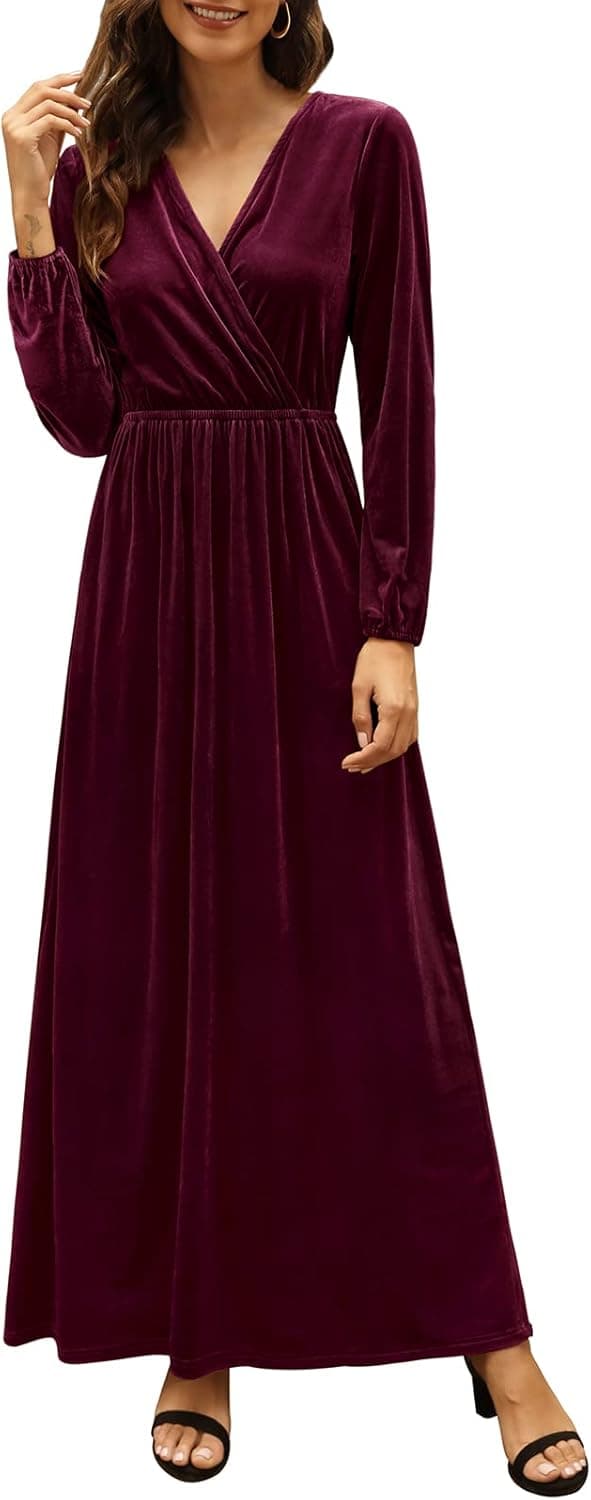 Zattcas V Neck Long Sleeve Maxi Dresses for Women Winter Empire Waist Velvet Long Dress Burgundy X-Large