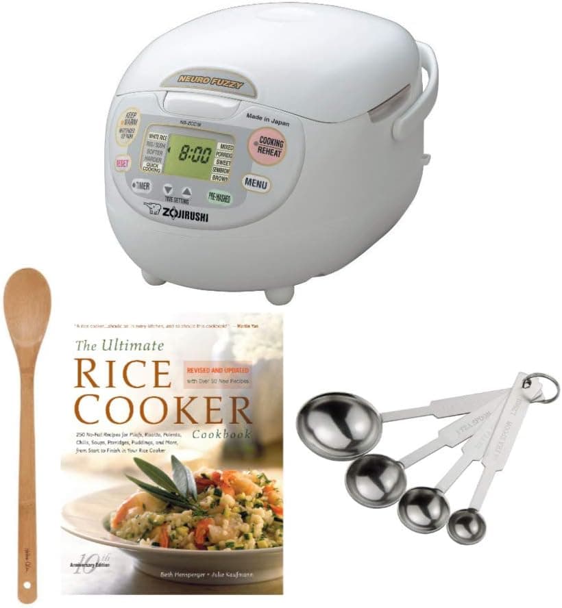 Zojirushi NS-ZCC18 Neuro Fuzzy 10-Cup Rice Cooker and Warmer (Premium White) with Recipe Book, Bamboo Spoon, and Measuring Spoon Set Bundle (4 Items)