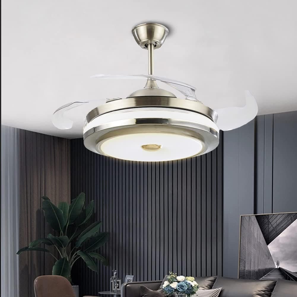 42'' Modern Retractable Ceiling Fan Light With Remote Control LED -Colors Changing Light Kit Invisible Chandelier Fan Fixture for Living room/Bedroom/kitchen/Restaurant/Office(Silver)