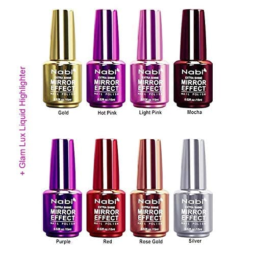 Glam Lux Bundle Nabi Mirror Effect, Holographic Long Lasting Gel like Effect nail Lacquer Set of 8 & Glam Lux liquid highlighter Free S&H with Prime, Womens Gifts under 30!!