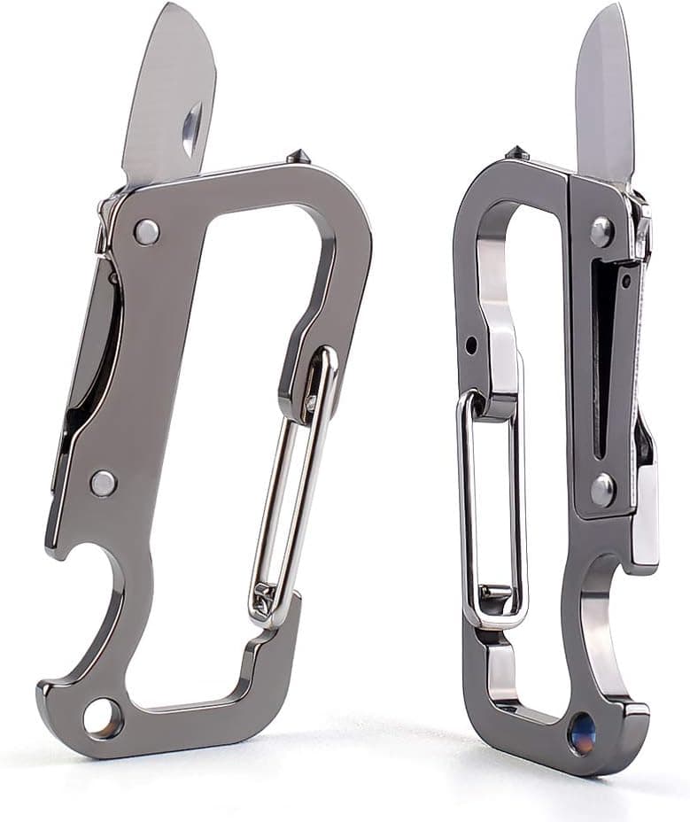 Keychain Carabiner with Knife, New Camping Survival Gear Clip with Glass Breaker and Bottle Opener, Updated Handy Multi-tool for Backpacking, Hiking or EDC Keys Carrying
